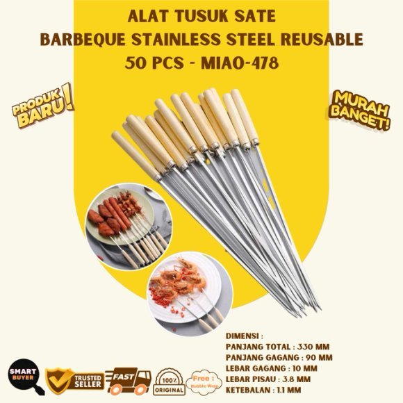 Tusuk Sate BBQ Reusable 33cm Gagang Stainless Steel Wood Isi 50pcs