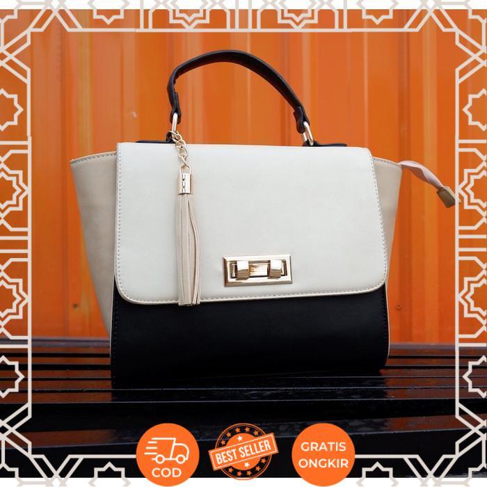 Tas Kerja Wanita PU Elegance Trapeze Hand bag import hitam kombinasi krem / Slingbag - Krem - hitam