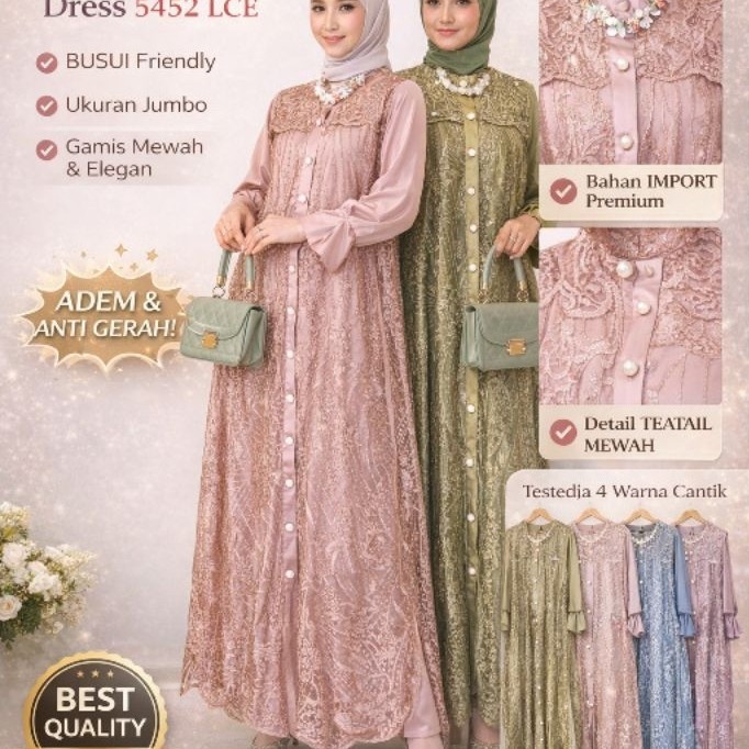 Gamis Brukat Premium Jumbo Busui Friendly Dress Wanita Elegan Adem Anti Gerah Import Lace Mewah 5452