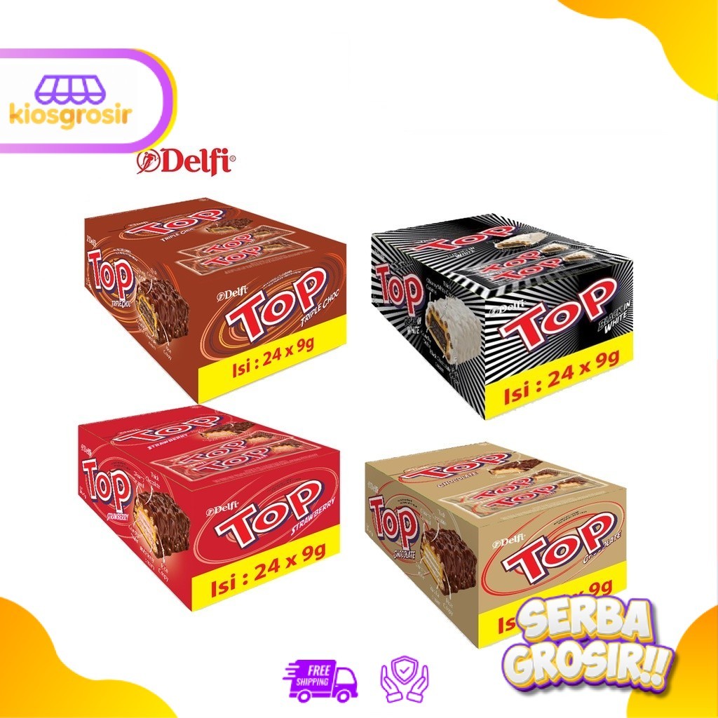 KIOSGROSIR Wafer Delfi Top Coklat Chocolate Strawberry Black In White Triple Cokelat 24 pcs BOX Kota