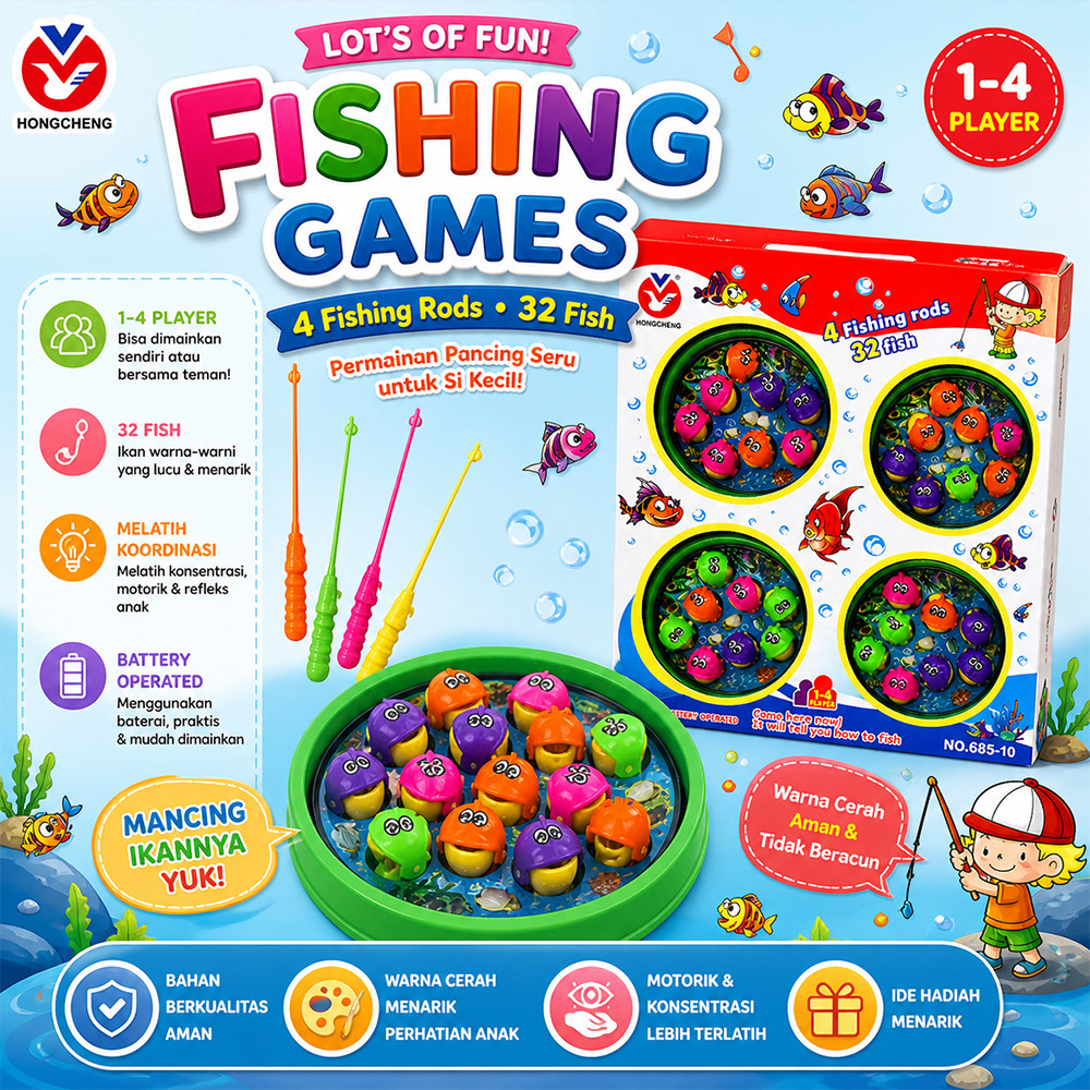 Mainan Pancing Ikan Elektrik 32 Ikan 4 Pancing Fishing Game Edukasi Anak Multiplayer