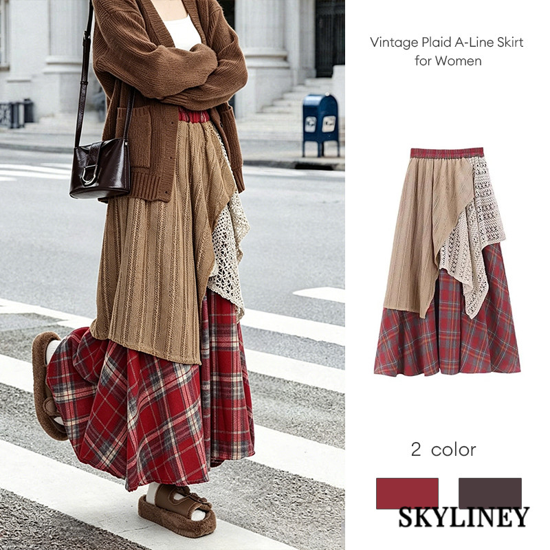 Rok A-Line Kotak-kotak Vintage Pinggang Tinggi Rok Panjang Patchwork Wanita SL