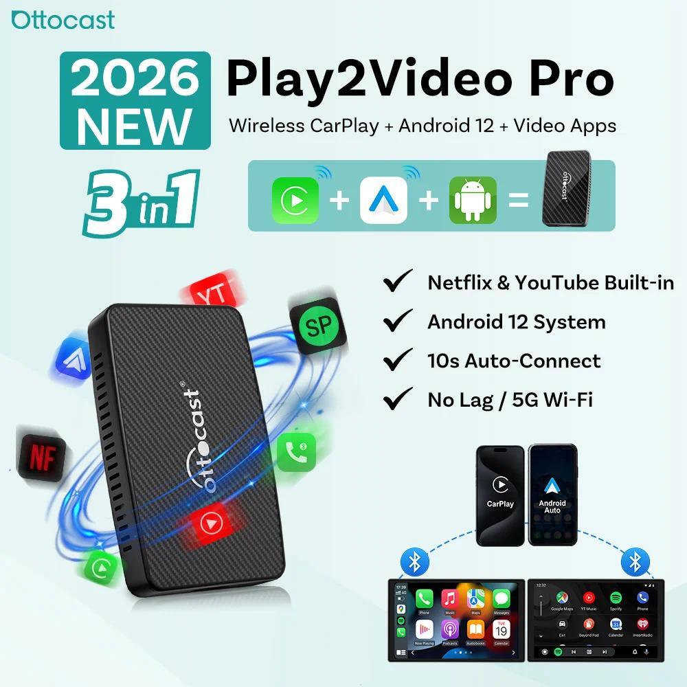 Ottocast Play2Video Pro Wireless CarPlay Android Auto All-in-one Adapter Built-in 5 Video App Suppor