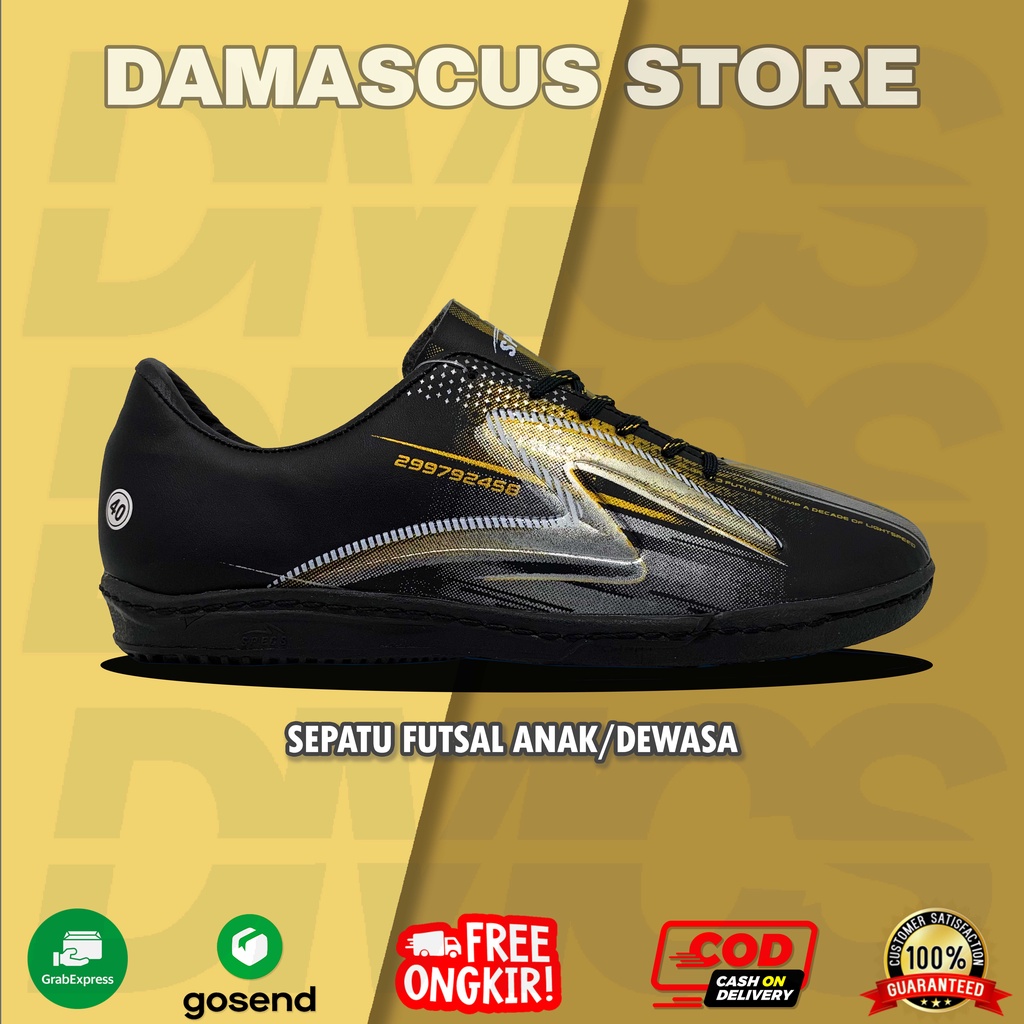 Best Seller Sepatu Futsal Grade Ori Termurah Specs LightSped Reborn Black Gold Anak & Dewasa Unisex