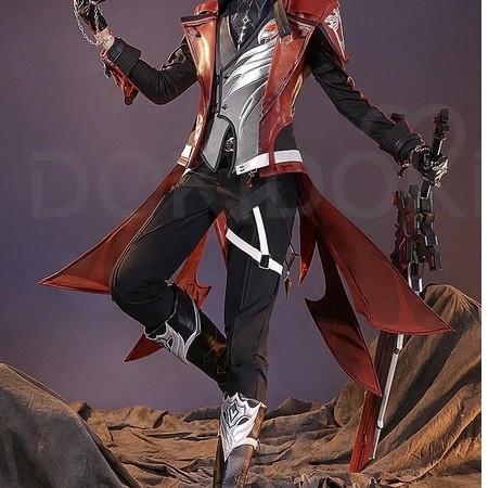 Game Genshin Impact Cosplay Diluc Costume Teyvat Red Dead of Night Diluc Cosplay High Ponytail Wig