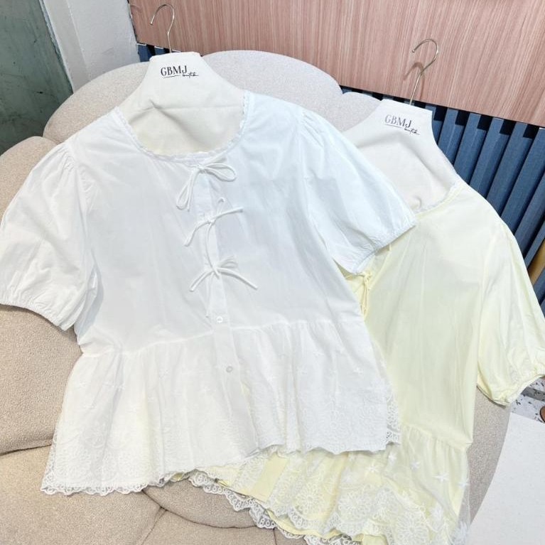 (COD) GBMJ BUTIK Zaluna - Blouse Wanita Baby Doll Lace Bordir Premium Lengan Puff Ikat Depan Crop To
