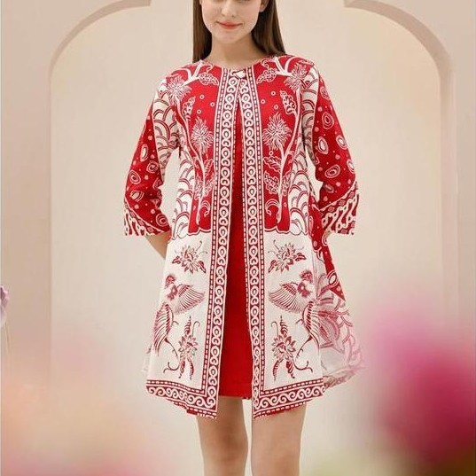 Evercloth Elva Dress Batik Lengan Panjang Tunik Batik Couple Batik Modern Dress Wanita Slimfit Serag