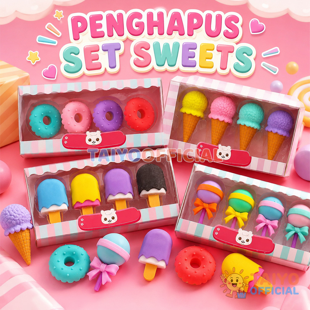 TAIYOMALL Penghapus Set Sweets 4 IN 1 Eraser Rubber Karet Donat Es Krim Permen Lolipop Alat Tulis AT