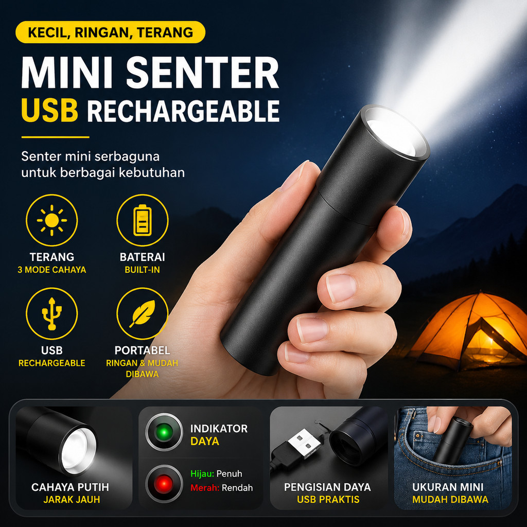 cod Mini Senter LED Super Terang XHP50 10000 Lumens Lampu SWAT Jarak Jauh Waterproof