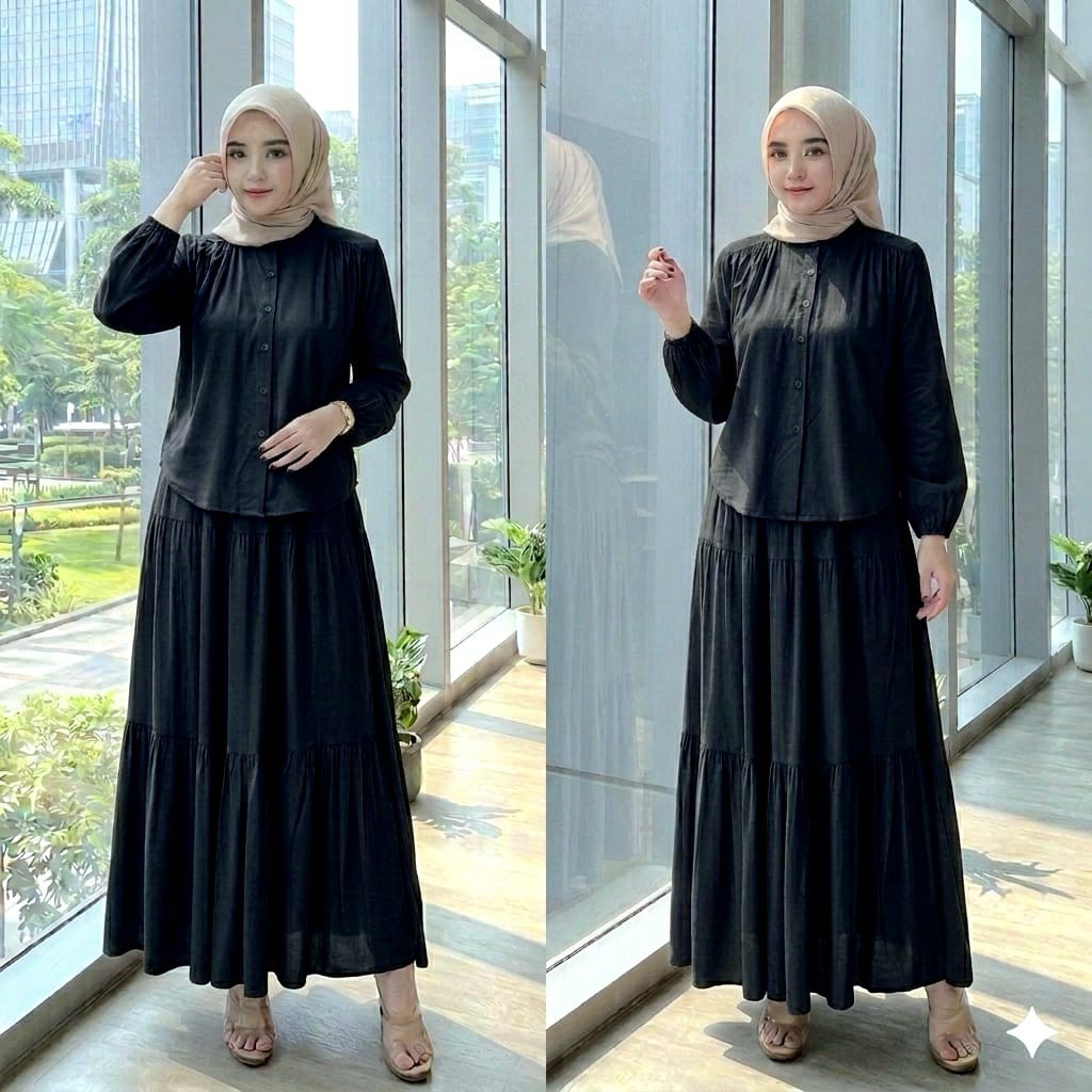 Monica One Set Bahan Rayon Twill Setelan Baju dan Rok Wanita Muslim