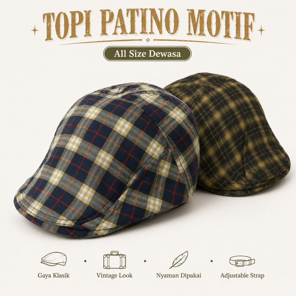 TOPI PATINO MOTIF KOTAK DEWASA | Topi Kodok Flatcap Pria Vintage Stylish Motif Premium