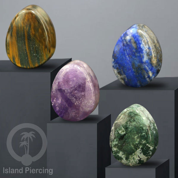 Stone Ear Plugs Tindik Plug Batu Asli, Bentuk Tetes pilihan batu Amethyst, Tiger Eye, Lapis, Moss Ag
