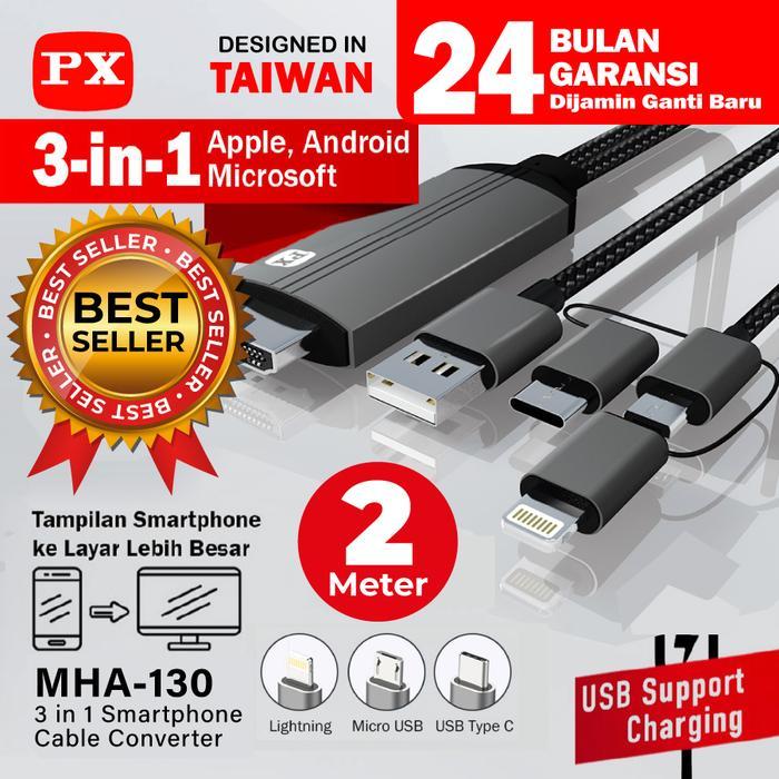 Kabel HDMI ke Type C USB/Micro/Lightning Converter 3in1 2 Meter Bisa Semua HP PX MHA-130 - MHA-130