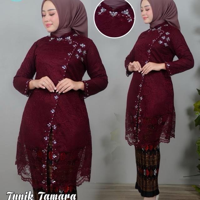 Kebaya Tunik Brukat Payet Tamara Set Rok Plisket Batik, Baju Kondangan Modern Wanita, Tersedia Ukura