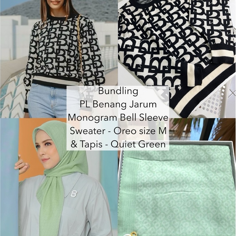PL BJ Benang Jarum Monogram Bell Sleeve Sweater Oreo Size M bundling Buttonscarves Tapis Quiet Green