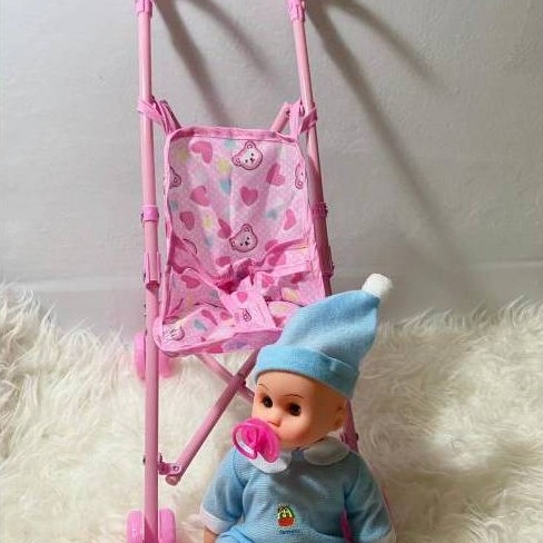 Promo Mainan Stroller Bayi + Mainan Boneka Bayi Botak Kecil Stroller Bayi Kereta Bayi