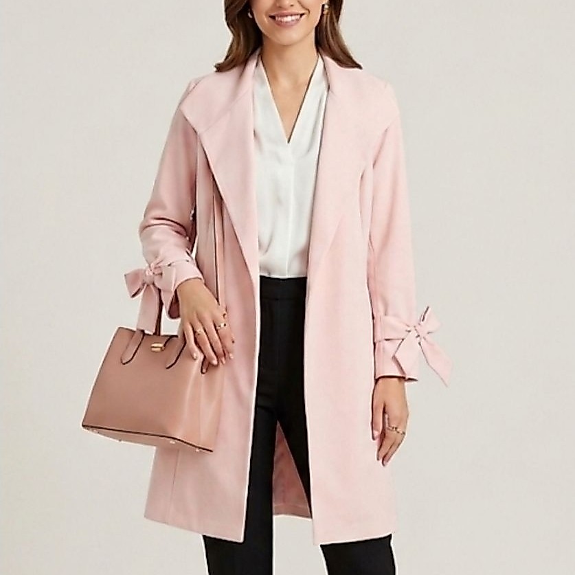 Outer Blazer Cardigan Panjang Wanita Draped Bow Trench - Outerwear Premium Pink