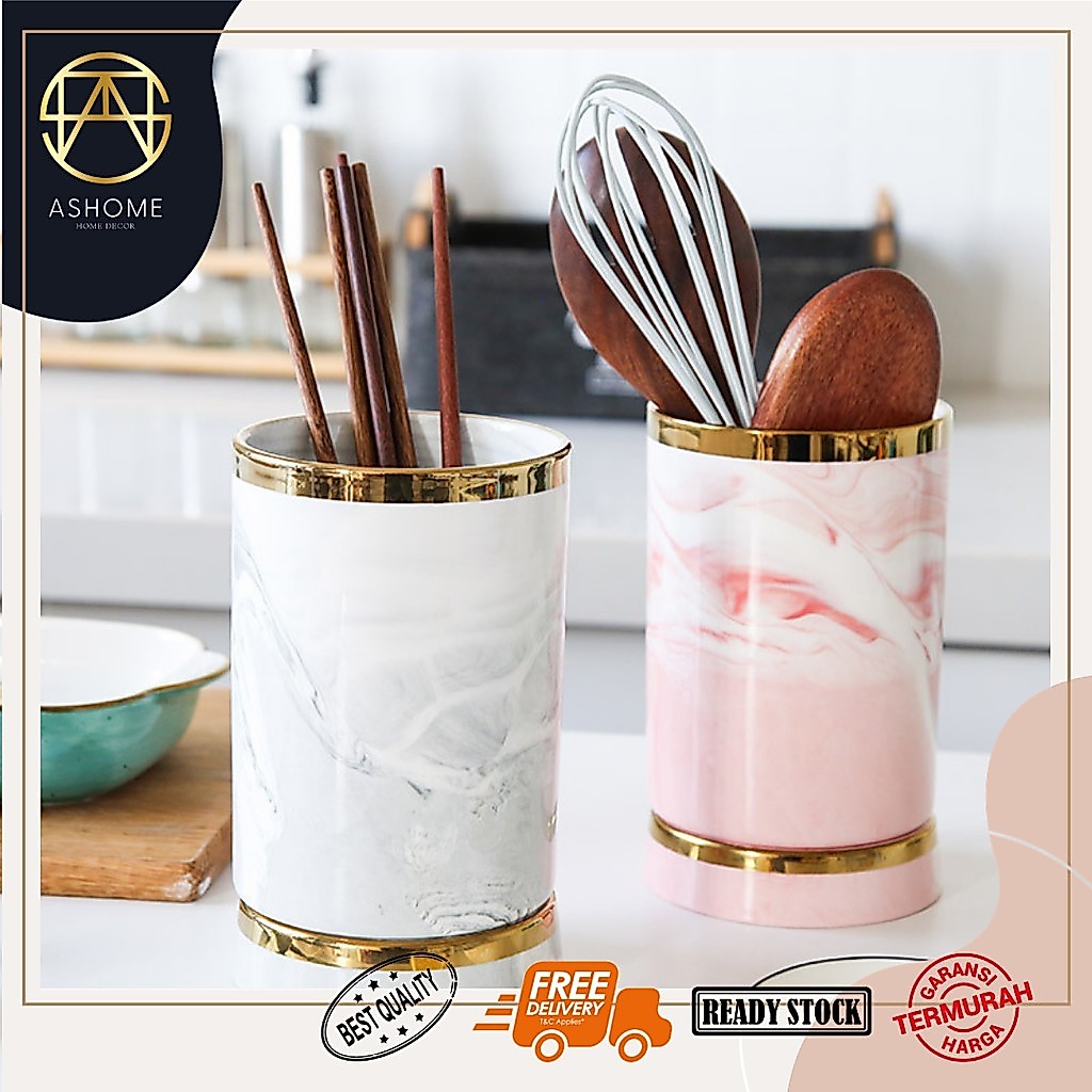 ASHOME Tempat Sendok Keramik Warna Abu Marble dan Pink Marble List Gold / Tempat Sendok Aestetik / T