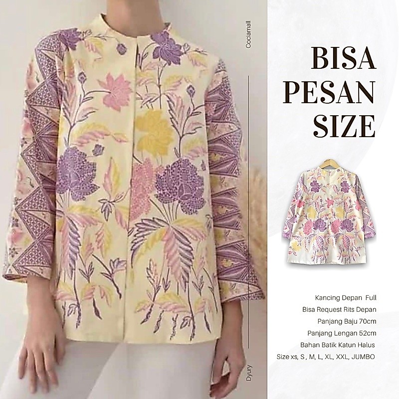 Atasan Blouse Batik Kerja Wanita Modern Warna Ungu Lilac Jumbo Rits Depan Lengan Panjang Bahan Katun