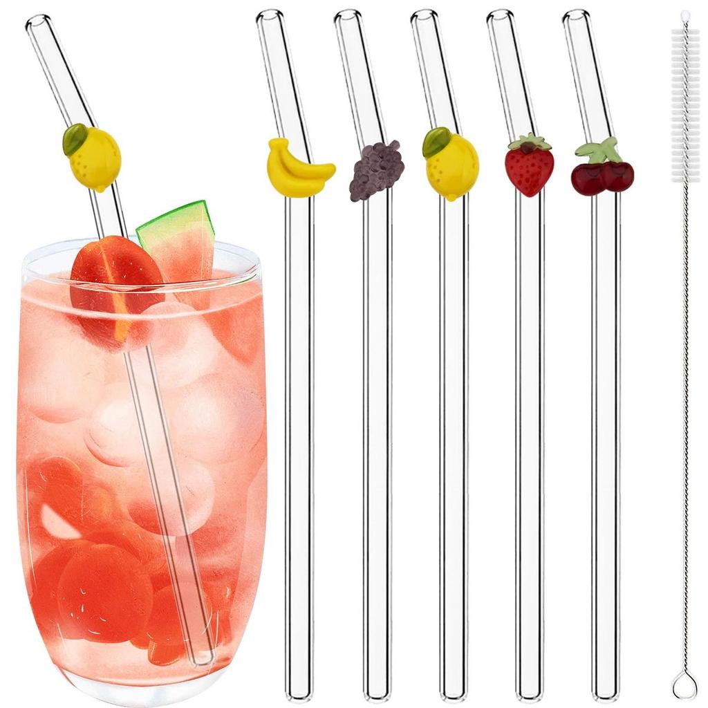 5pcs High Borosilicate Glass Straw Set Fruit Creative Stickers Straw Milk Tea Juice Cocktail Straw w