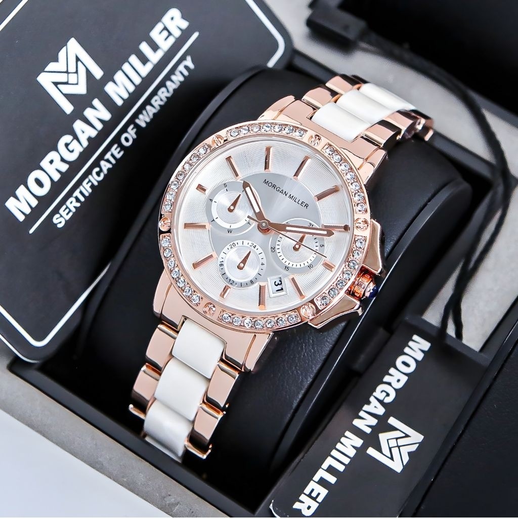Jam Tangan Wanita Morgan Miller Original Diamond Quartz Rantai Stanliess Mika Keramik Water Resist