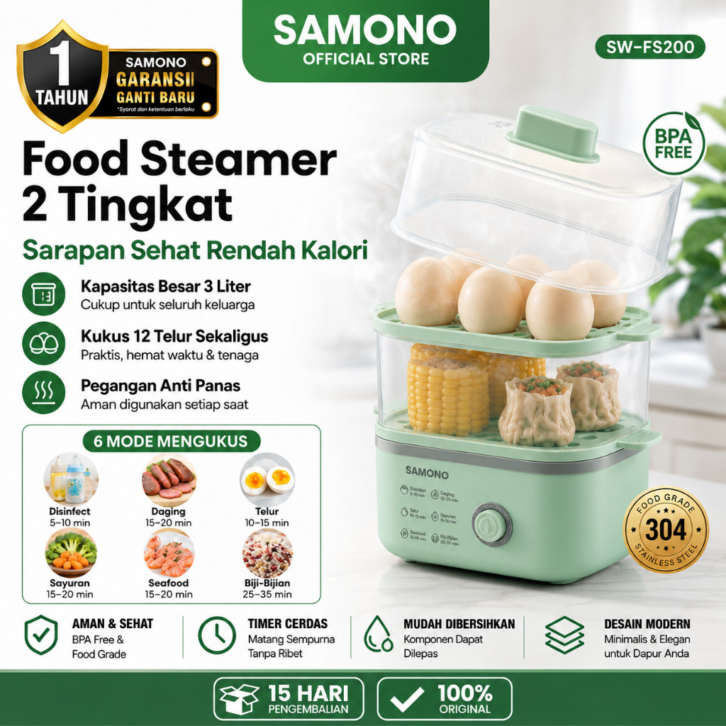 SAMONO Food Steamer FS200 Kukusan Elektrik 2 Tingkat 3L Multifungsi Egg Boiler Pengukus Makanan Low 