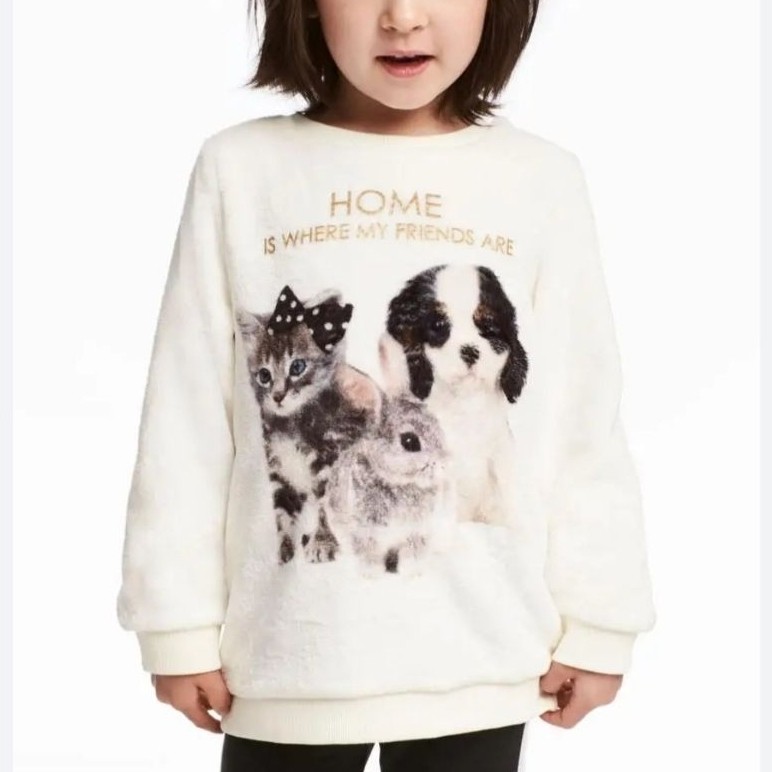 HNM NATURAL WHITE / ANIMAL FLEECE TOP / H&M SWEATER BULU PUTIH MOTIF ANJING KUCING KELINCI / SWEATER