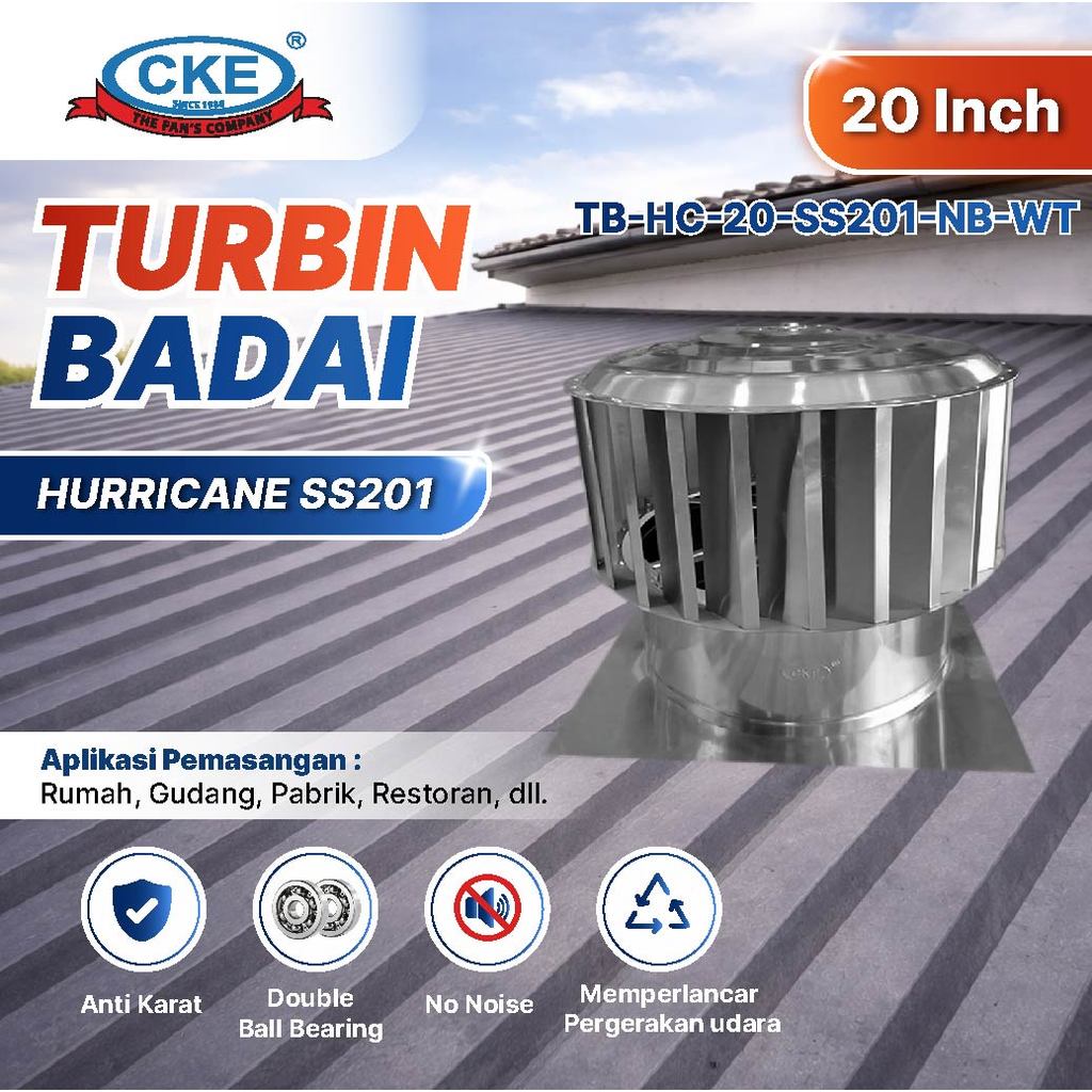 CKE Turbin Ventilator Hurricane 20 Inch Turbin Badai Atap Ventilasi Stainless Steel Sirip Lurus 20"