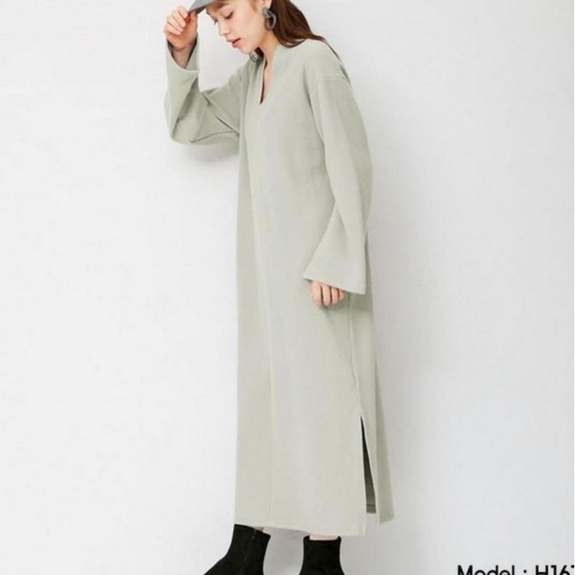GU BY UNIQLO RIB KNIT LONG SLEEVE DRESS SAGE M