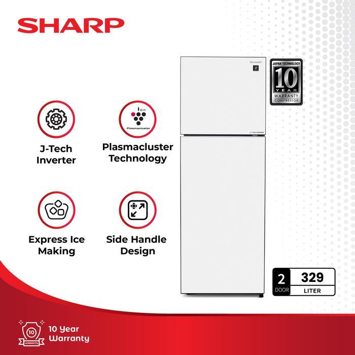 SHARP Kulkas 2 Pintu 329L SJ-456GI-GW / SJ456GIGW / SJ 456GI  White Glitter 2 Door - SHINE Glass Doo