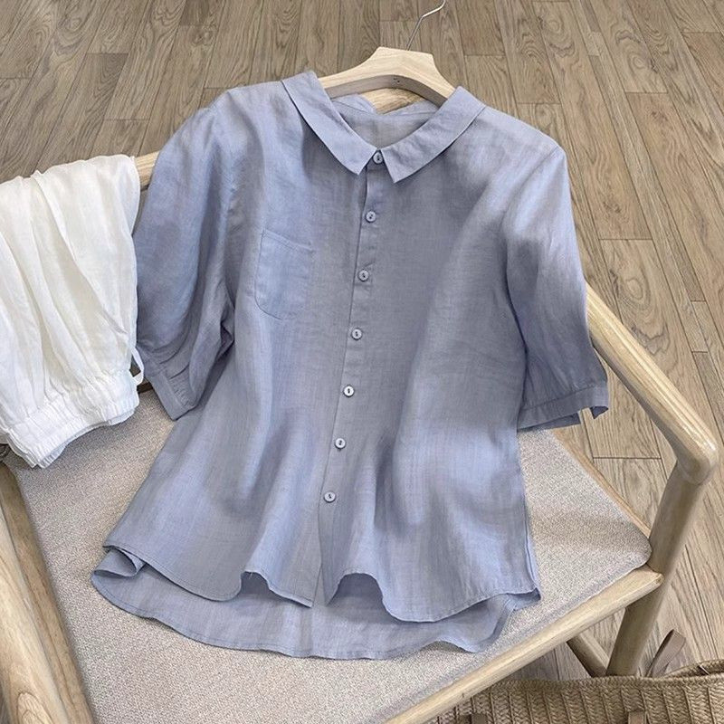 Musim panas baru bajet santai kapas hemp retro flip-collar warna murni temperamen kaos kapas hemp to