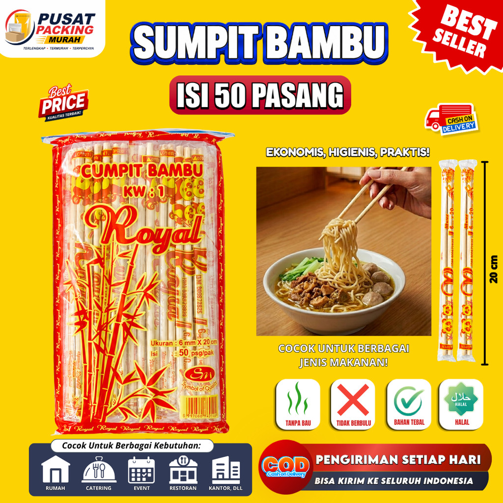 Sumpit Kayu Bambu isi 50psg Cap Royal Chopstick Murah Tebal Higienis