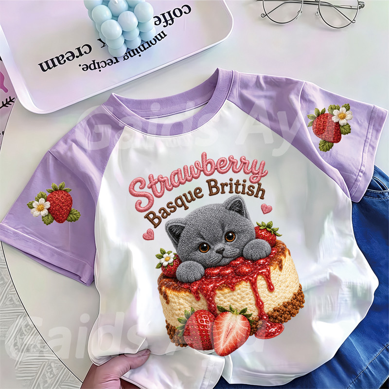 COD Gadis Ayu | Kaos Anak Tren Baru 2026Kaos T-Shirt Strawberry Basque British Kucing Abu-abu Lucu u
