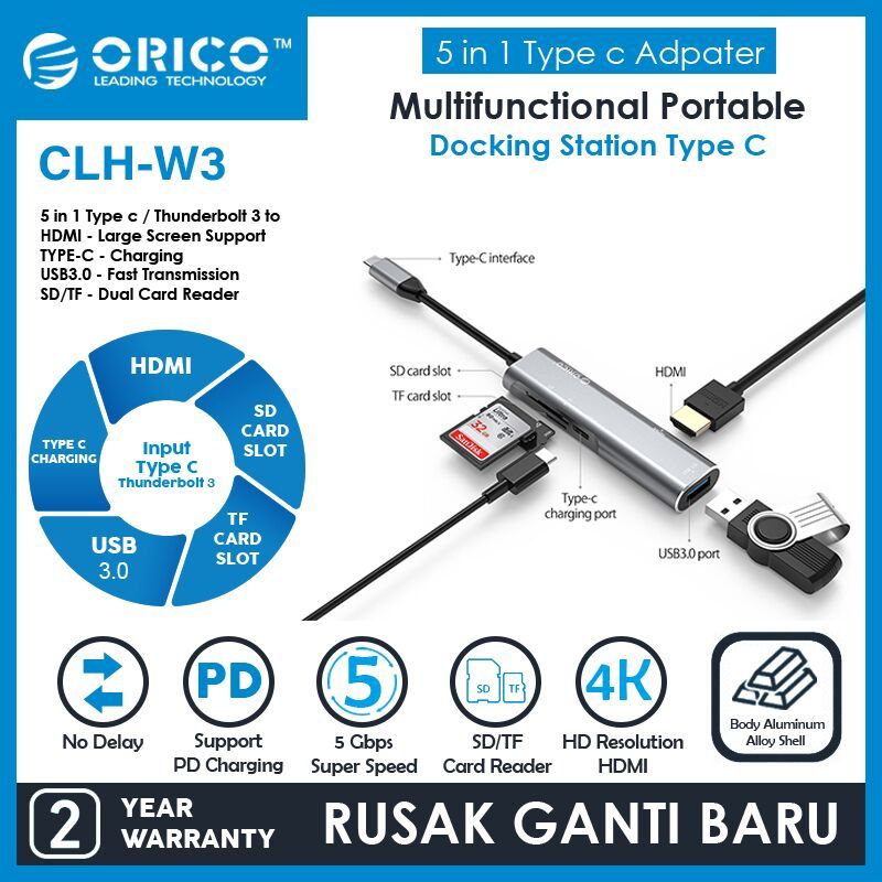ORICO CLH-W3 Aluminum Alloy Type-C to HDMI Type-C USB3.0 SD TF Docking Station