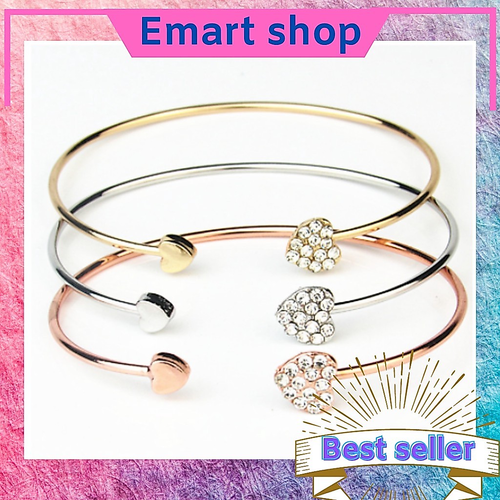 EMARTSHOP Gelang Bangle Open Cuff Motif Hati Kristal untuk Wanita Desain Elegan, GELANG TITANIUM