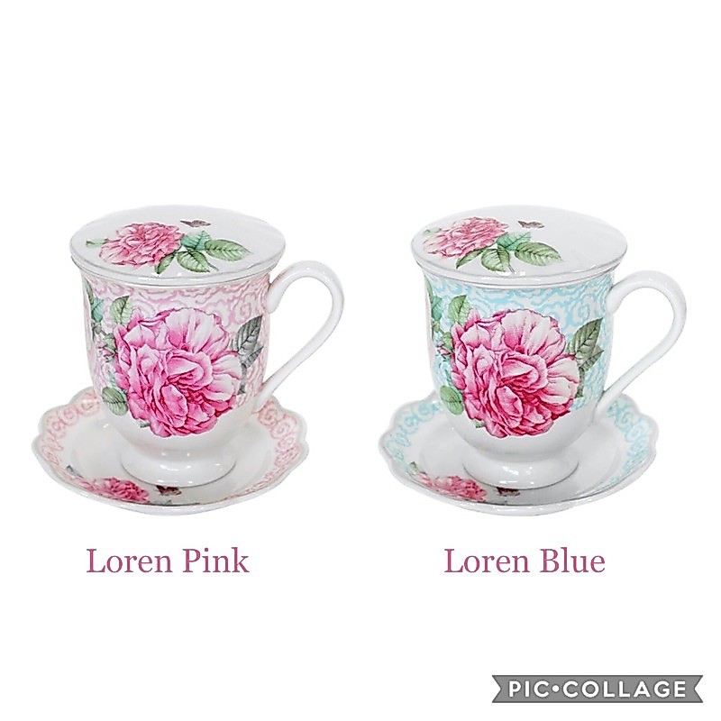 Ceramic Mug Set 3pcs Loren Saint St James cangkir dengan tutup tatakan