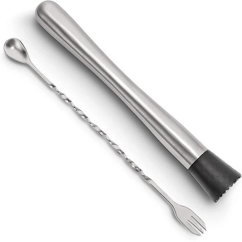 LMETJMA 10 In Stainless Steel Cocktail Muddler and Mixing Spoon Professional Bar Cocktail Muddler Se