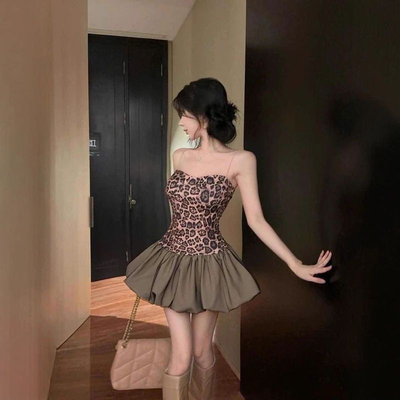 [Warna Wanita][COD] Gaun Patchwork Suspender Motif Macan Tutul Retro Rok Tulip Rok Mini Slim Fit