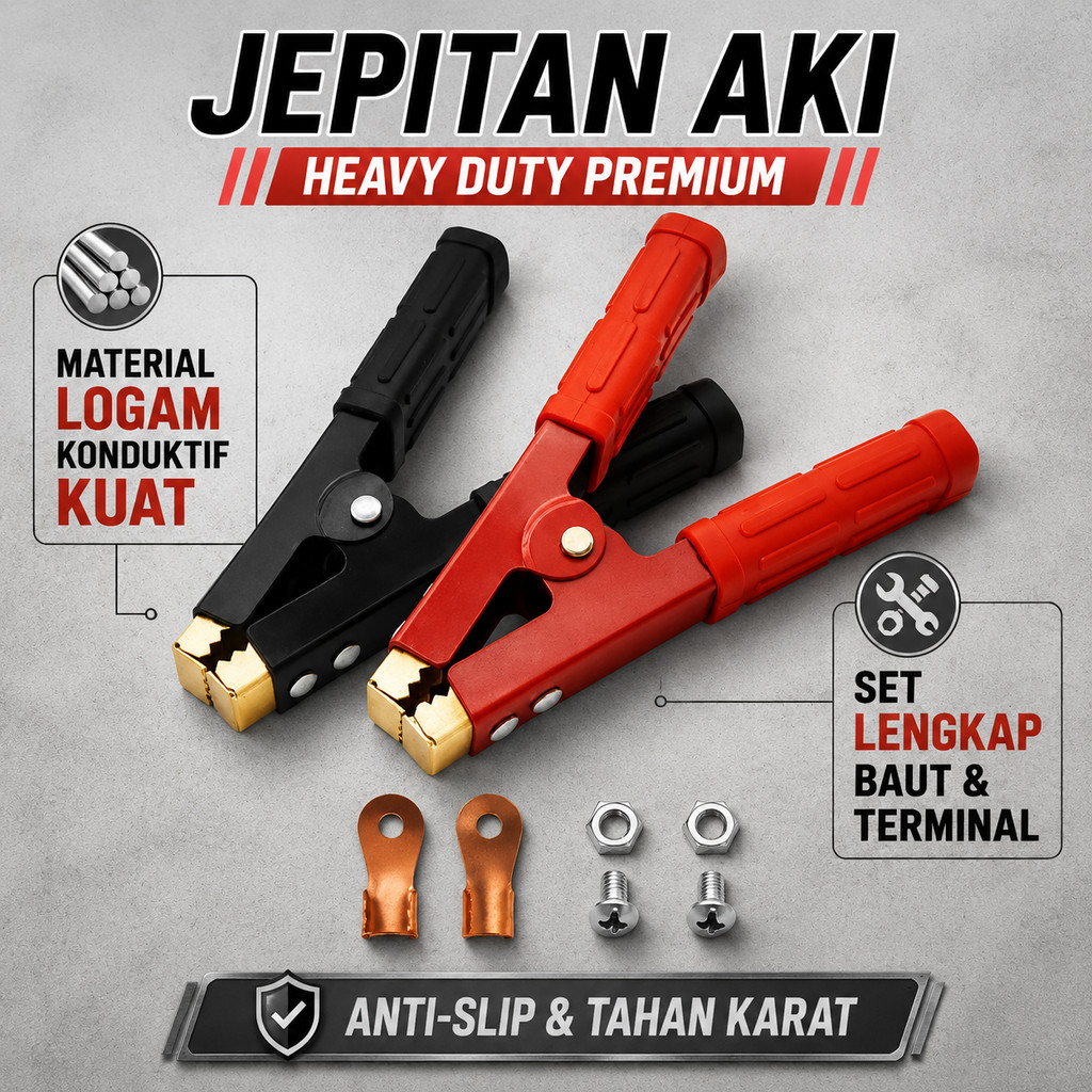Sepasang Jepitan Aki Mobil Heavy Duty Merah Hitam Plus Terminal Kabel dan Baut Berkualitas Tinggi