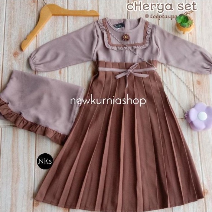 GAMIS MUSLIM ANAK PEREMPUAN PREMIUM PLISKET KOMBINASI WARNA SET HIJAB BERGO CHERYA USIA 1 SAMPAI 15 