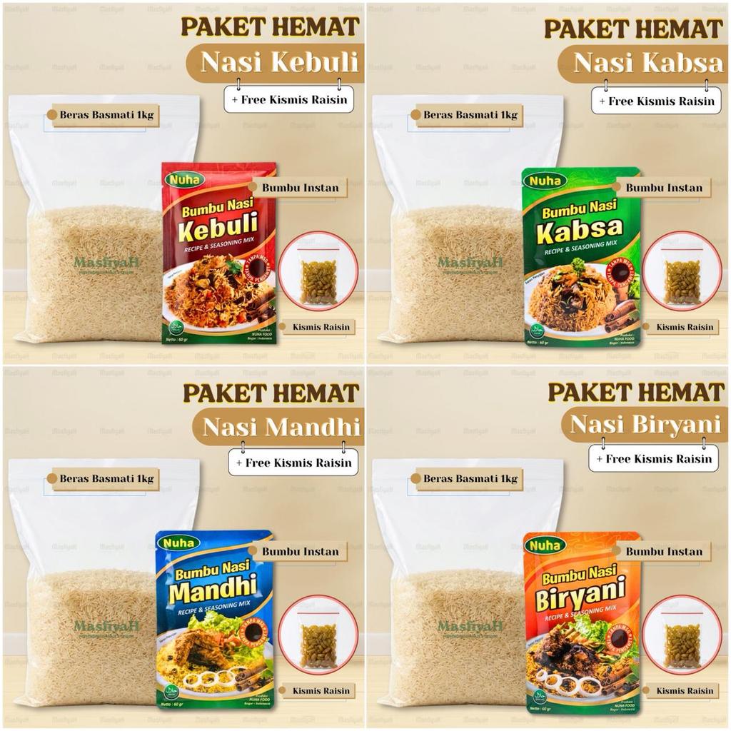 Paket beras basmati + bumbu instant nuha + kismis paket basmati kebuli mandhi kabsah biryani basmati
