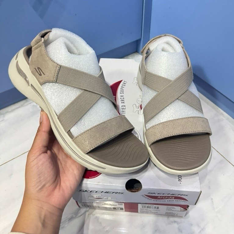 Sepatu Sandal Skechers Women Go Walk Arch Fit coklat taupe ukuran 39 dan 40 sale 70% (140257/TPE)