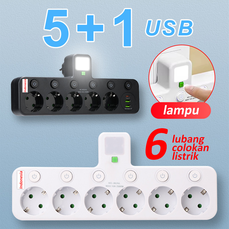 Stop Kontak Multi Outlets Expander with 1 Tipe C +2USB+ 6Lubang EU Plug Power Strip for Home Office