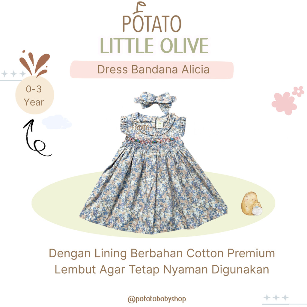 Little Olive Dress + Bandana Alicia Size 0-3 Tahun/Dress Anak Newborn/Baju Bayi Motif Bunga Floral P