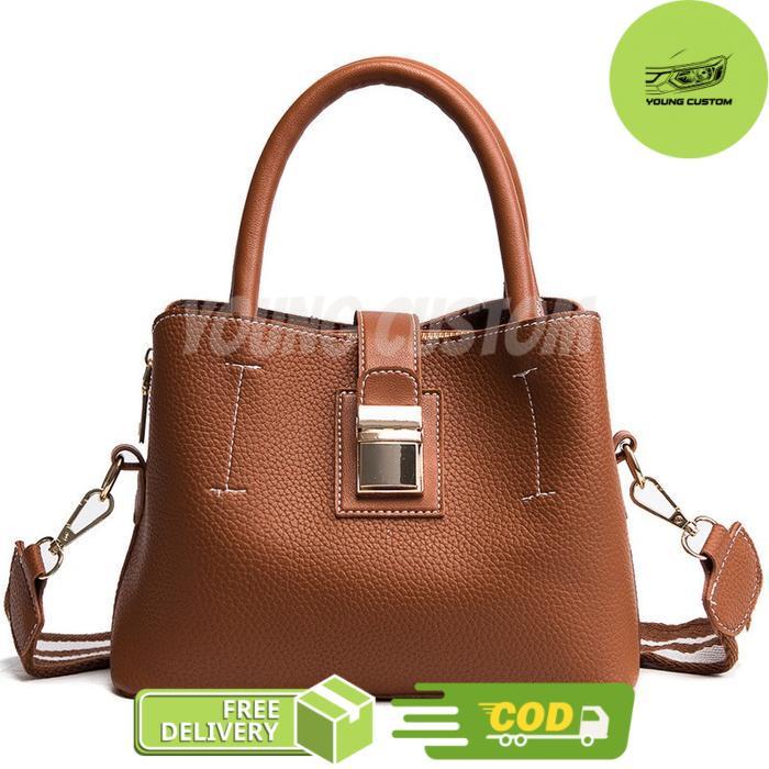 Tas selempang Wanita Kulit PU polos Cally slingbag import Long strap bag adjustable - Coklat
