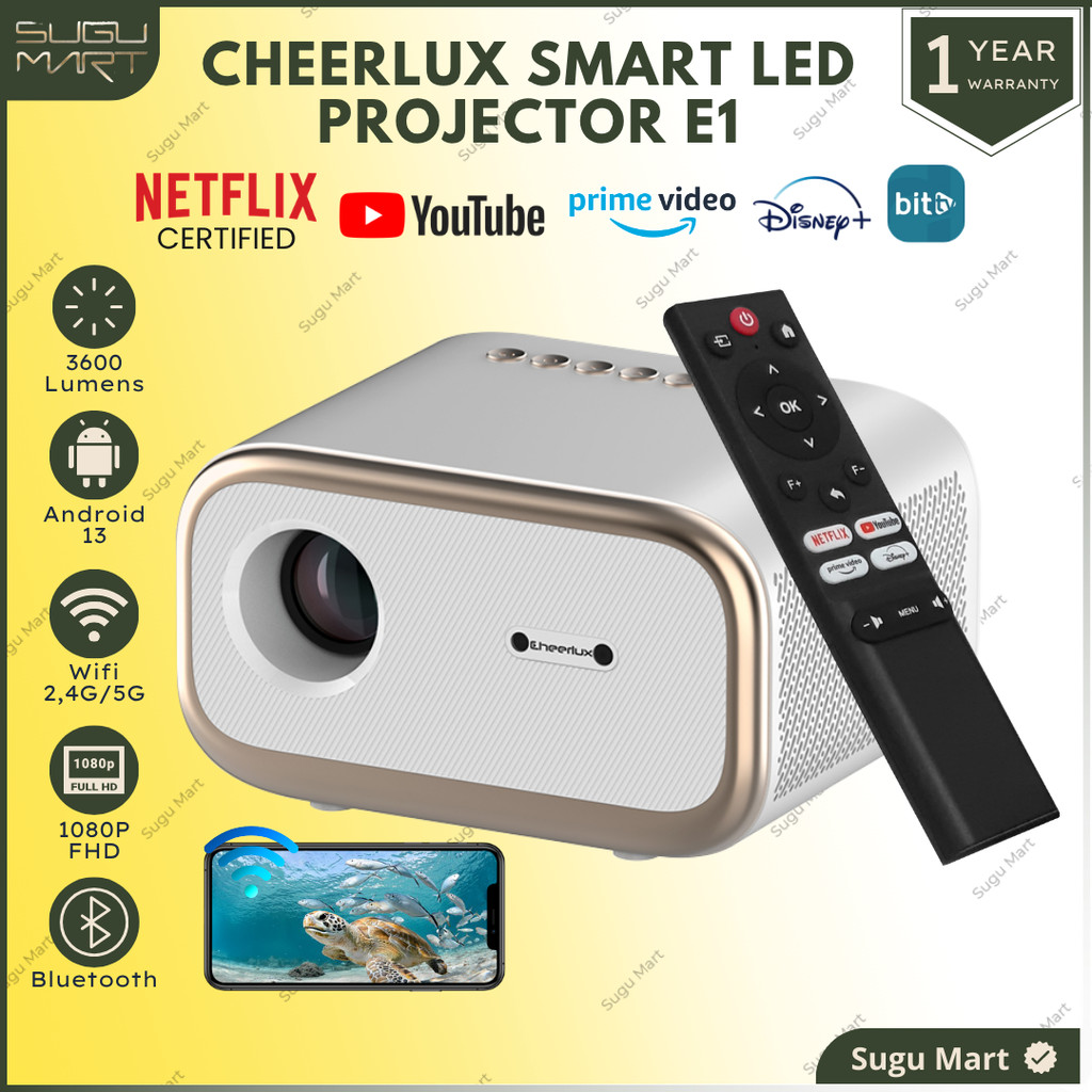 Proyektor Cheerlux E1 Android Netflix Certified 3200 Lumens With Auto Focus 1 / 8 GB | Proyektor Min