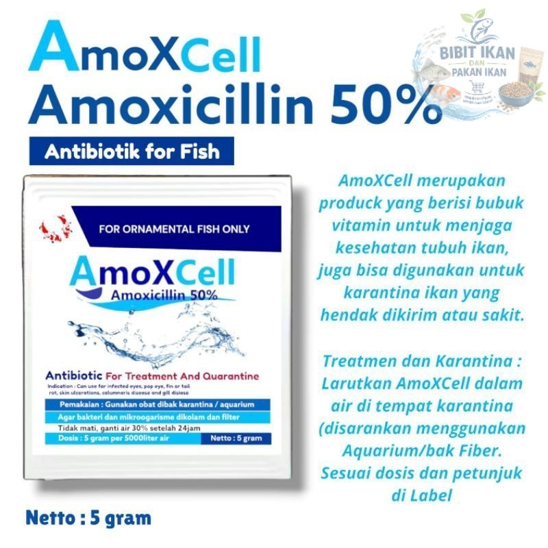 Amoxcell 5gr amoxicillin 50% obat karantina ikan antibiotik untuk ikan hias ikan predator
