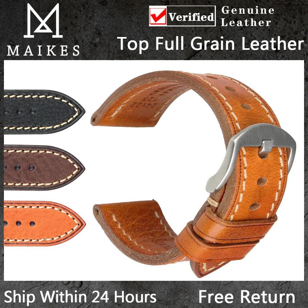 Tali Jam Tangan MAIKES Kulit Asli 18mm 19mm 20mm 21mm 22mm 23mm 24mm 26mm untuk Pria dan Wanita