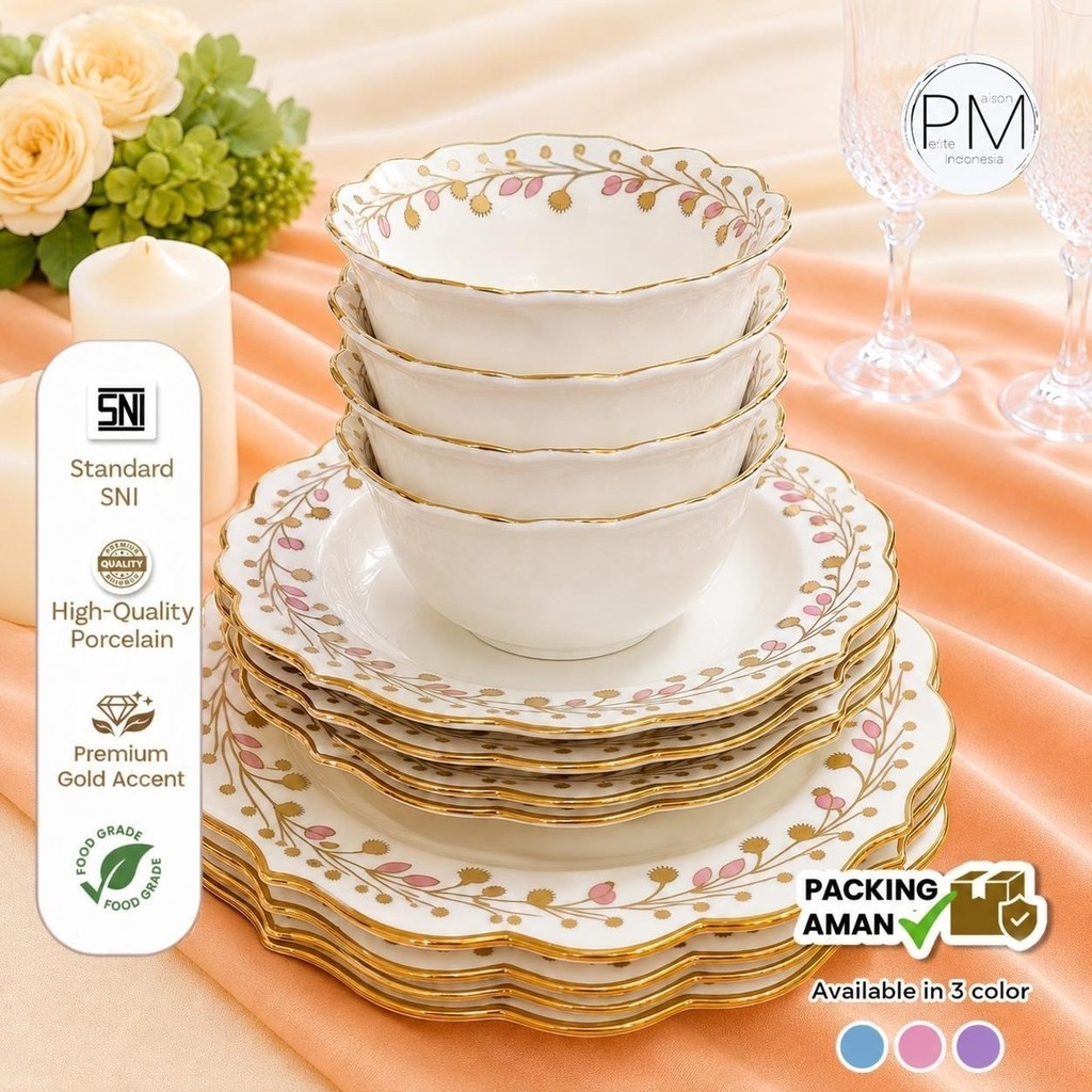 dazzling Set Piring Mangkok Keramik Estetik Premium Belle Bloom Gold Rim | Petite Maison - Mangkok B