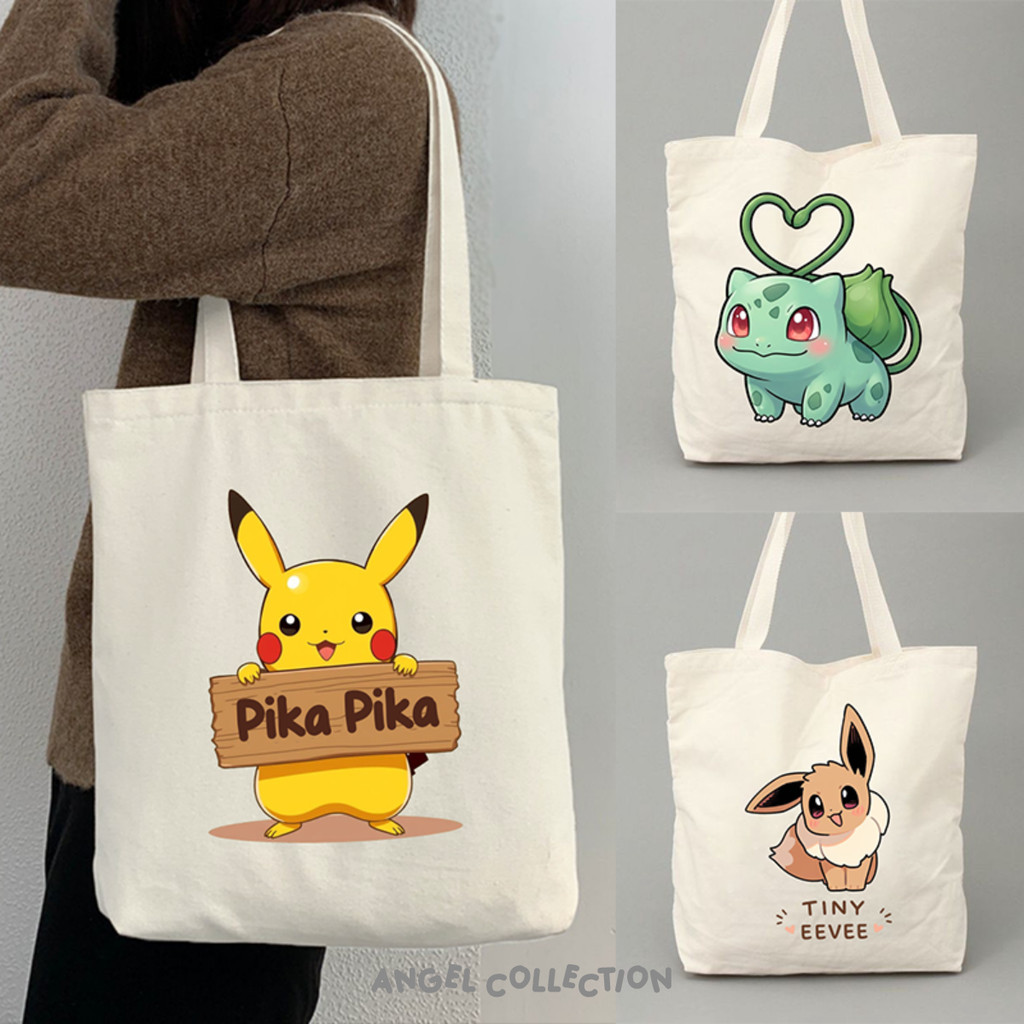 ENJEL Tas Tote Bag 100% Kanvas Oleh oleh Souvenir Pokemon Pikachu Ukuran 30x40 Enjel Collection